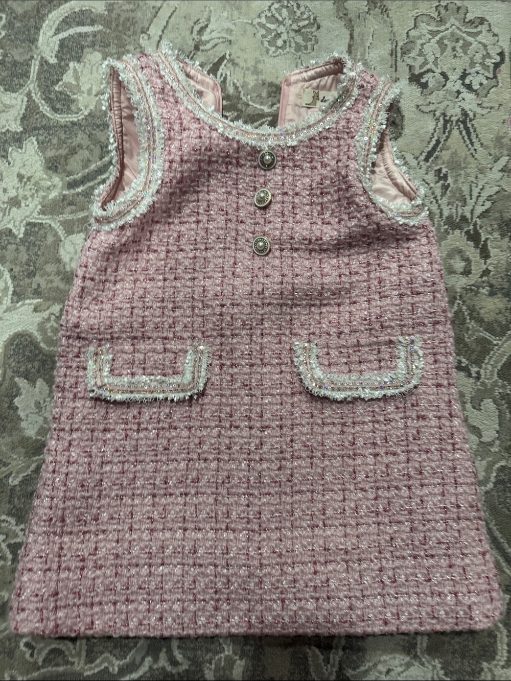 Girls'  Doe  a Dear Pink Tweed Dress with Pearl Buttons 3t